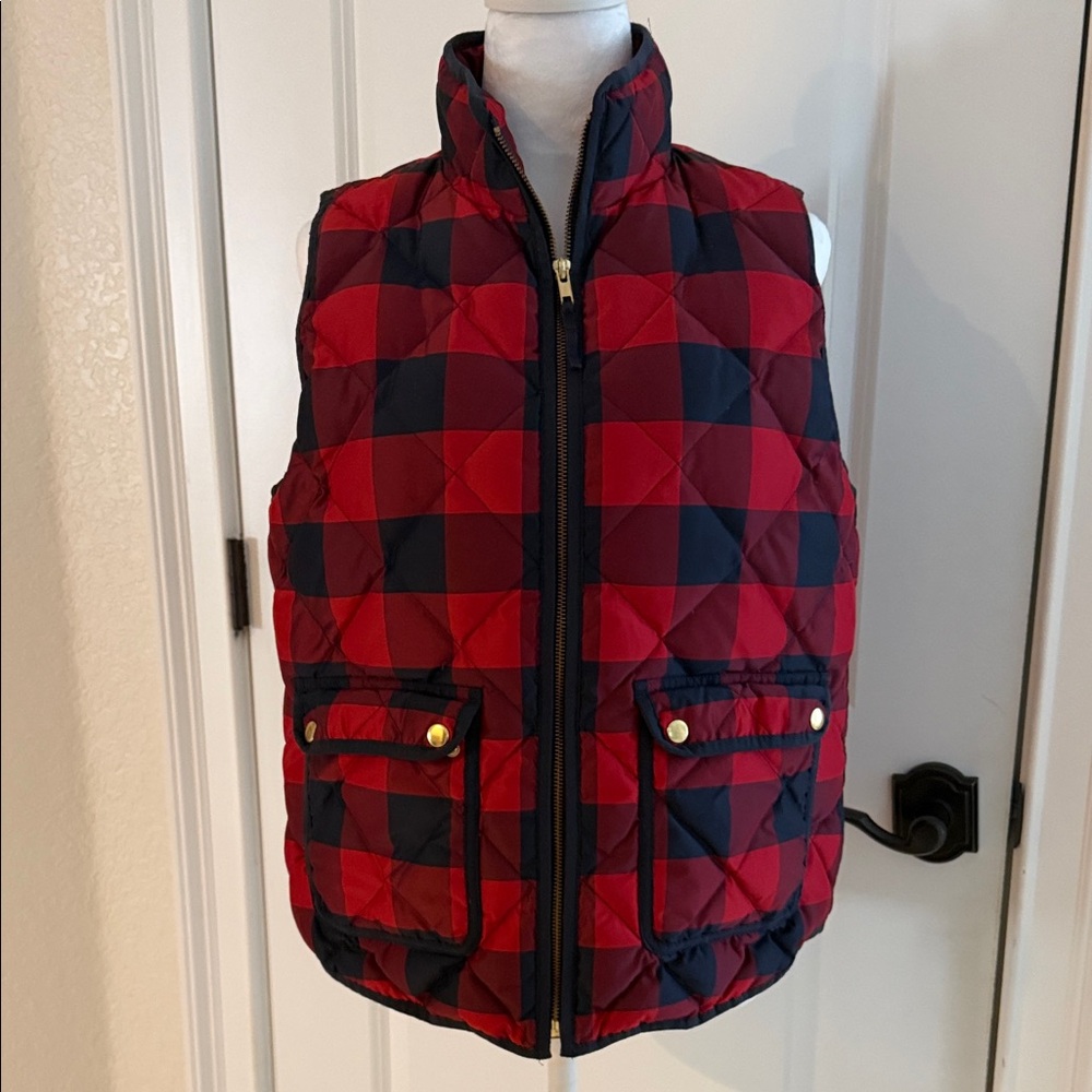 J Crew Red and Navy Checkered Puffer Vest